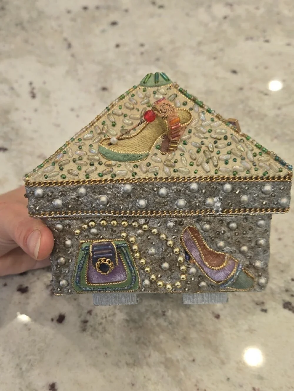 Mary Frances Beaded Triangle Jewelry Box - Cream, Gold, Green, Purple